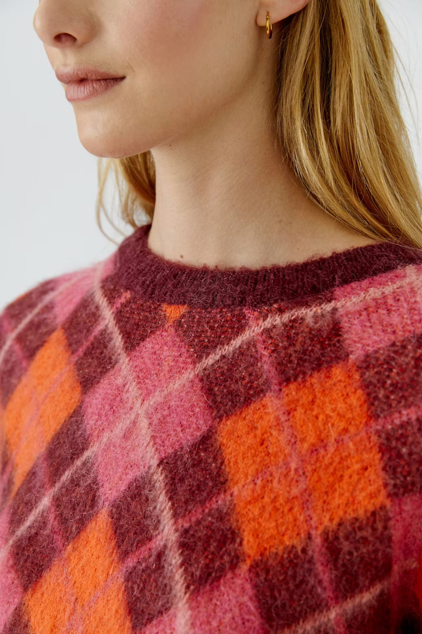 Burgundy & Orange Argyle Knit Jumper