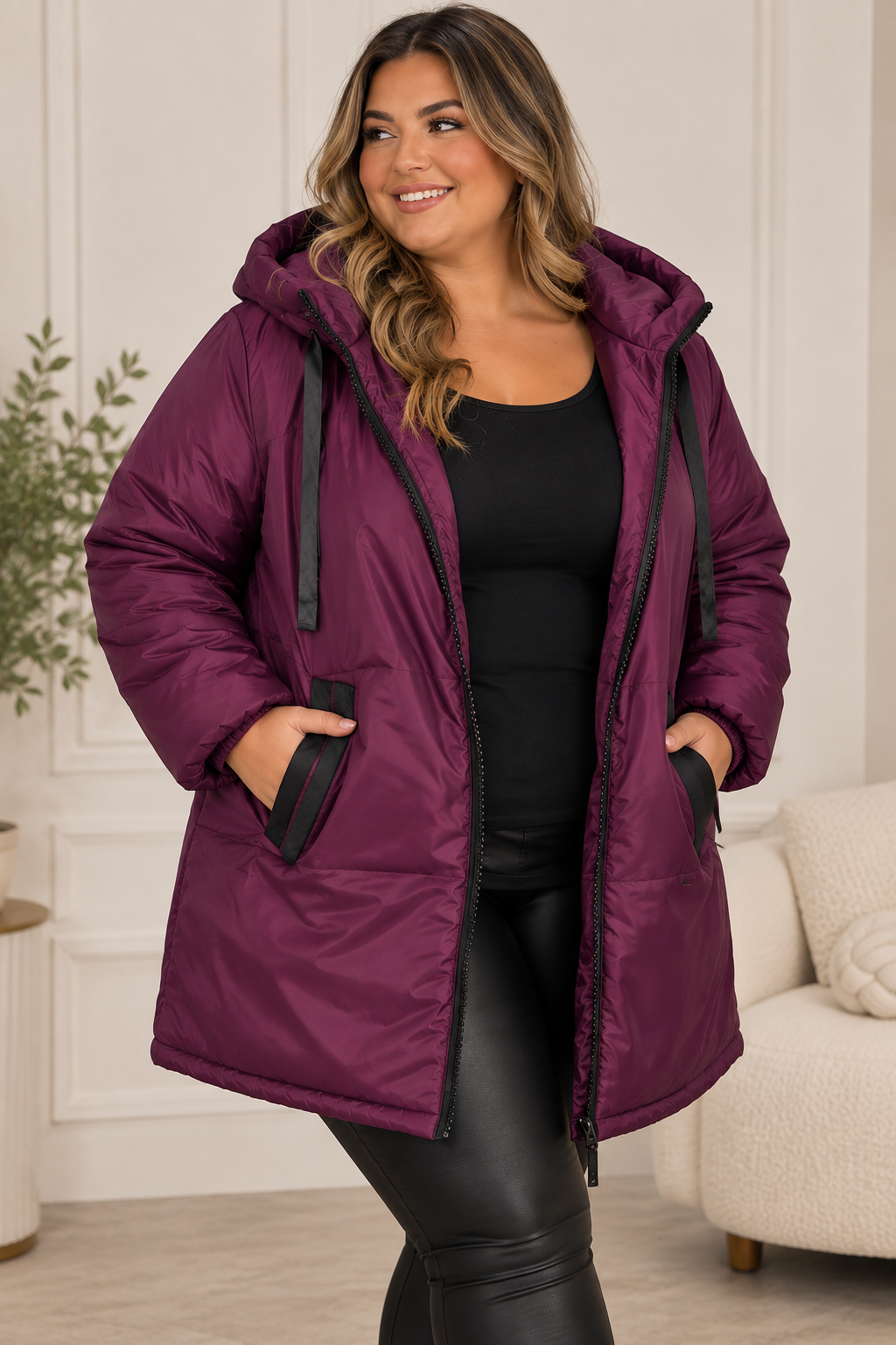 A woman wearing a long, puffer-style hooded jacket in deep plum purple with black zipper and drawstring details, standing in a bright indoor room with a sofa and plant in the background.