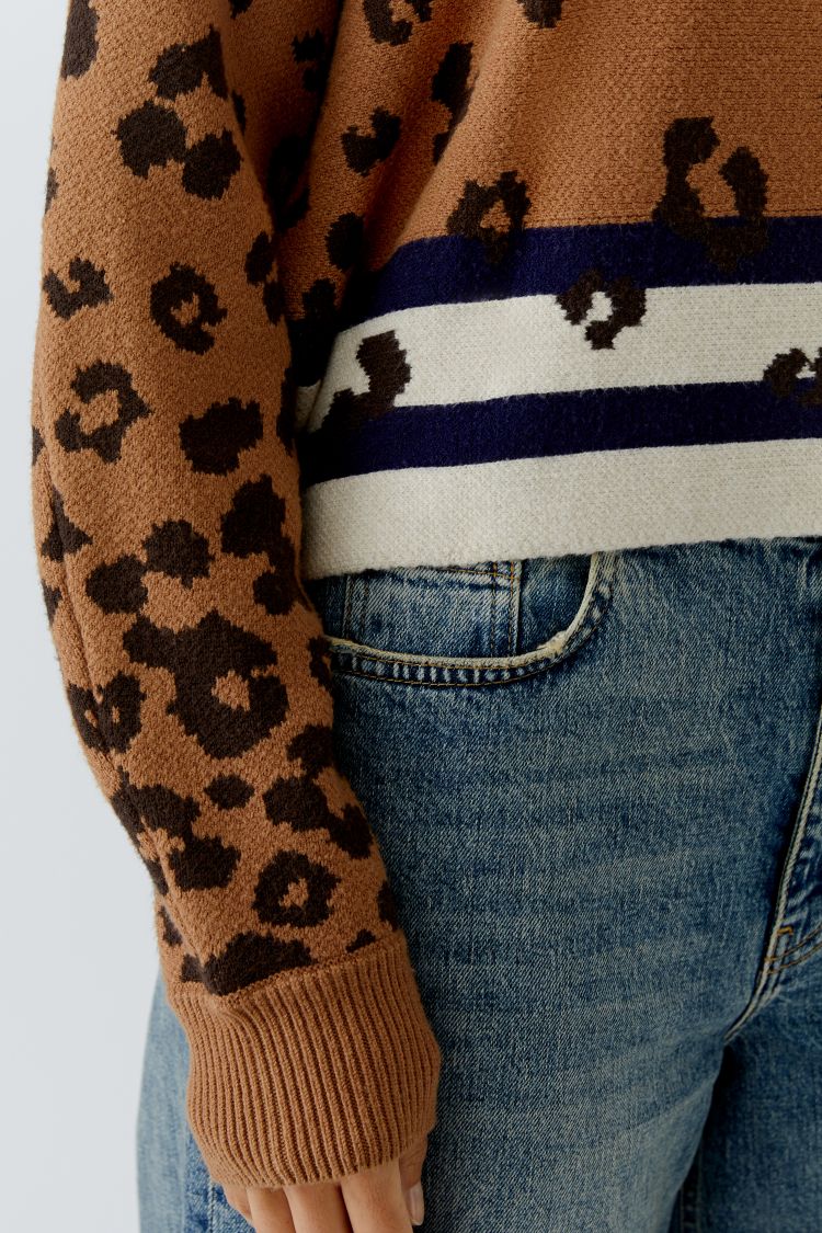High Neck Leopard Print Stripe Jumper