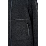 Close-up of a dark charcoal gray zippered pocket on a black textured garment.