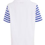 Ora Placement Print Top With Stripe Sleeve And Drawstring Neckline
