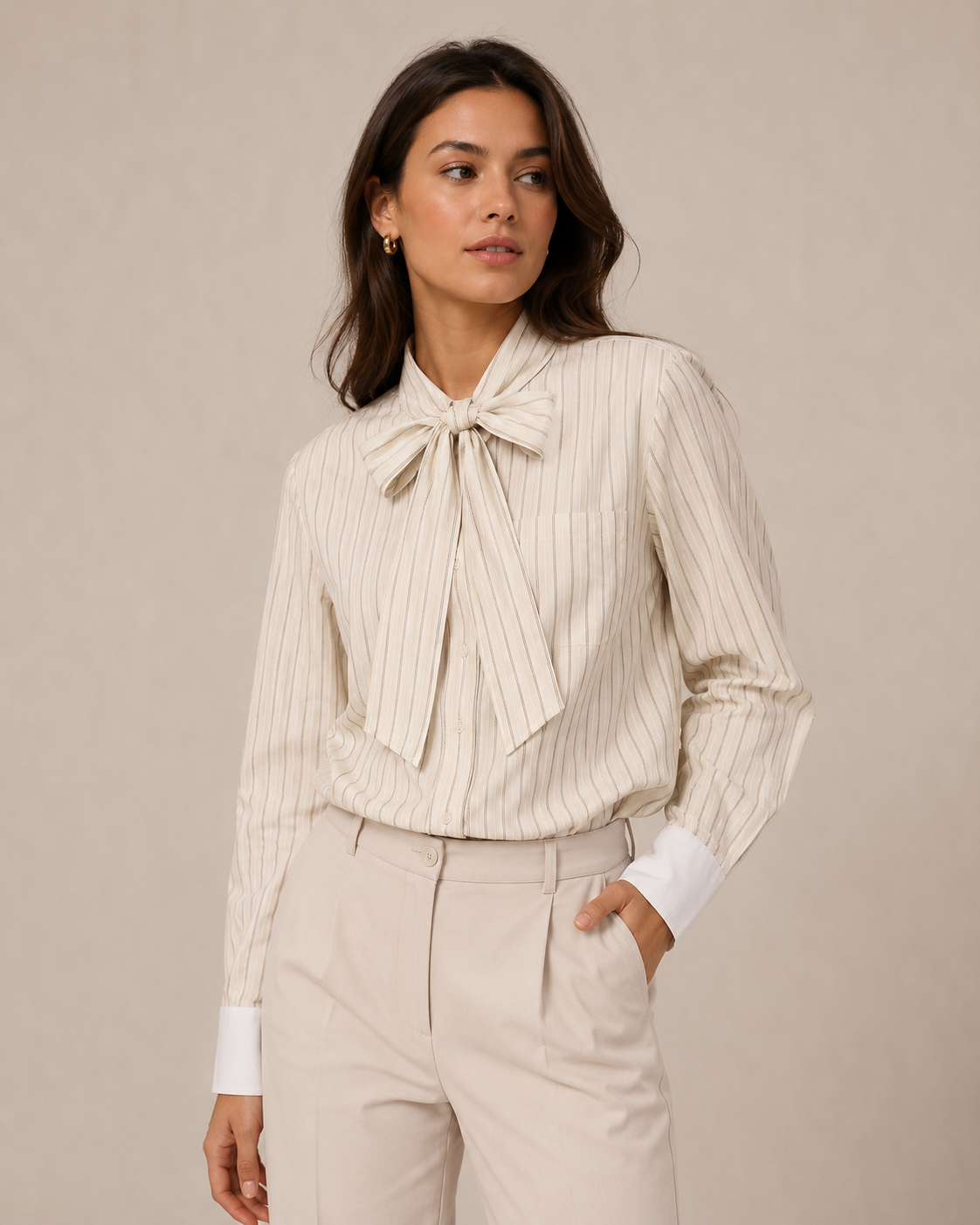 Ivory Pinstripe Pussy Bow Blouse
