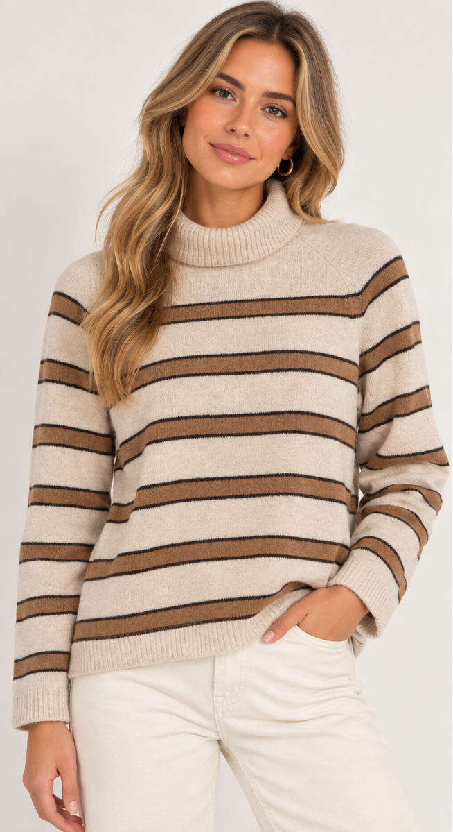 Oui women’s camel and black striped roll neck jumper with long sleeves and ribbed trims.