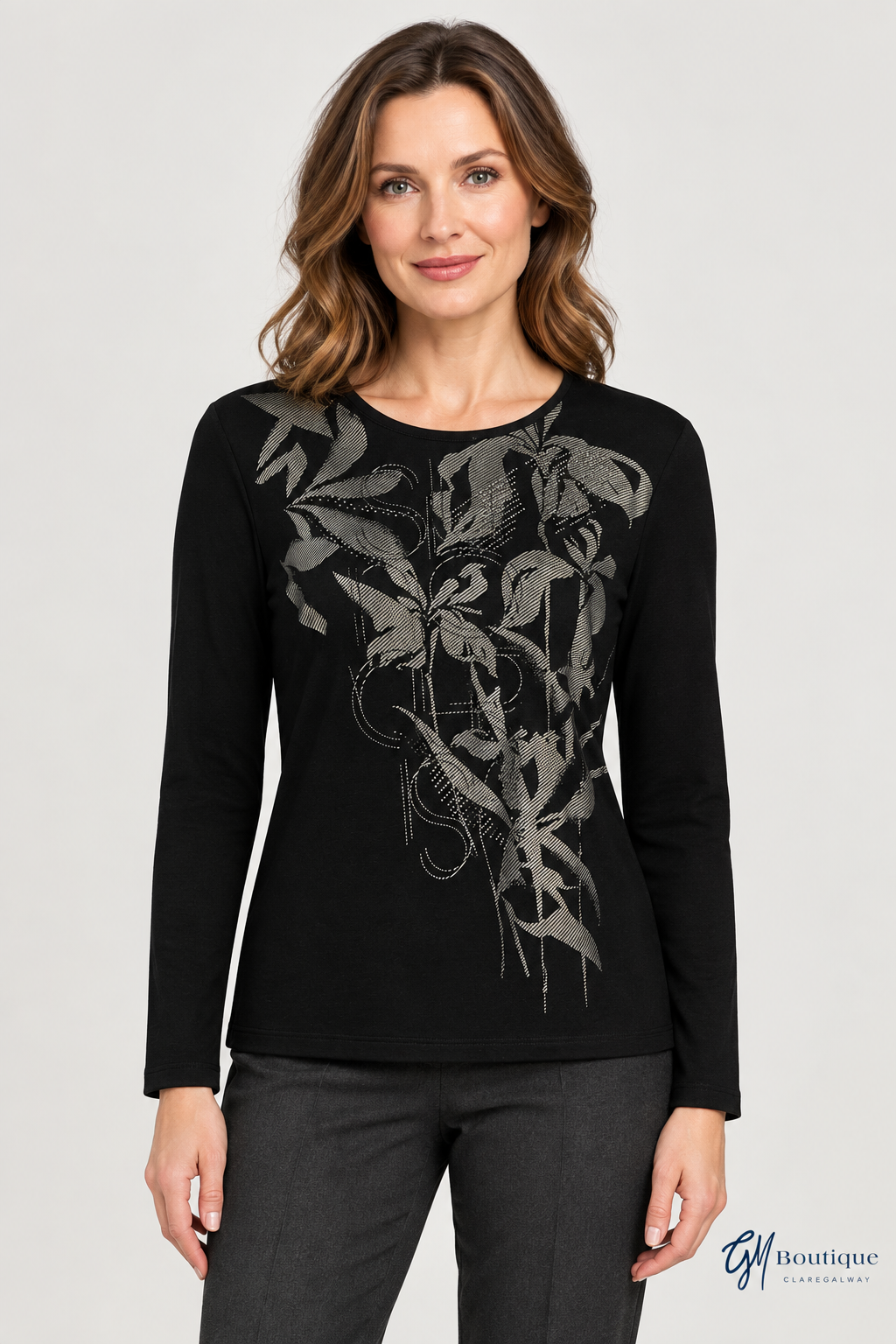 Barbara Lebek Black & Silver Botanical-Print Long-Sleeve Top