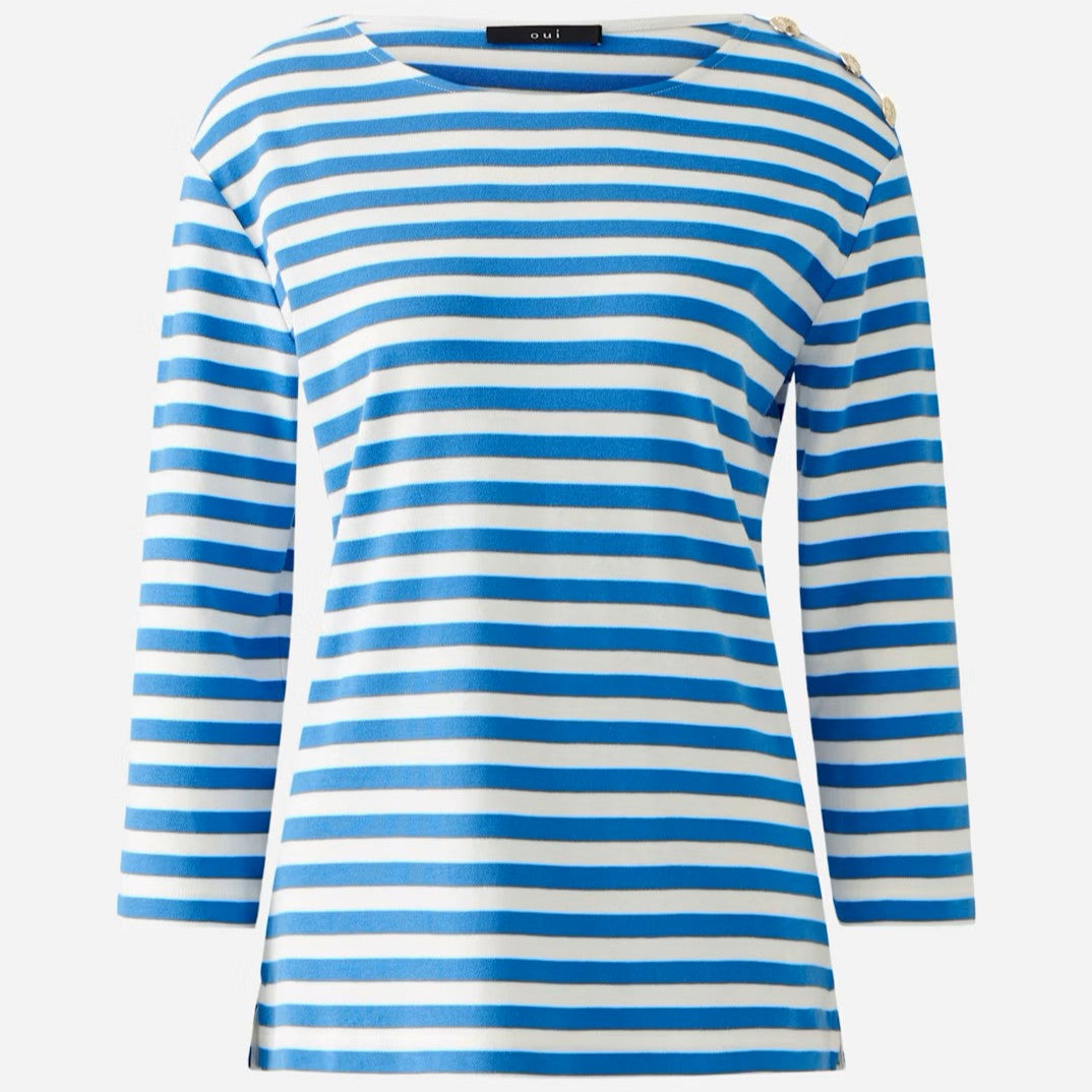 soft blue 3/4 length sleeve stripe top front oui