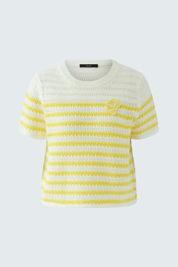 Oui crochet short sleeve White Jumper with Yellow Stripes