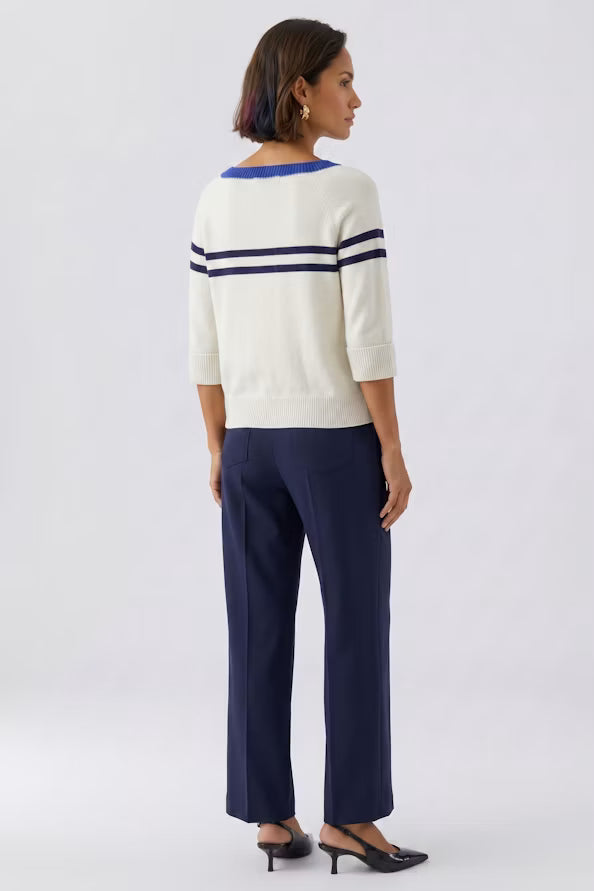 A woman shown from the back wearing a cream knit sweater with blue trim and navy horizontal stripes on the shoulders, paired with navy wide-leg trousers and black pointed mule heels, against a light gray studio background.