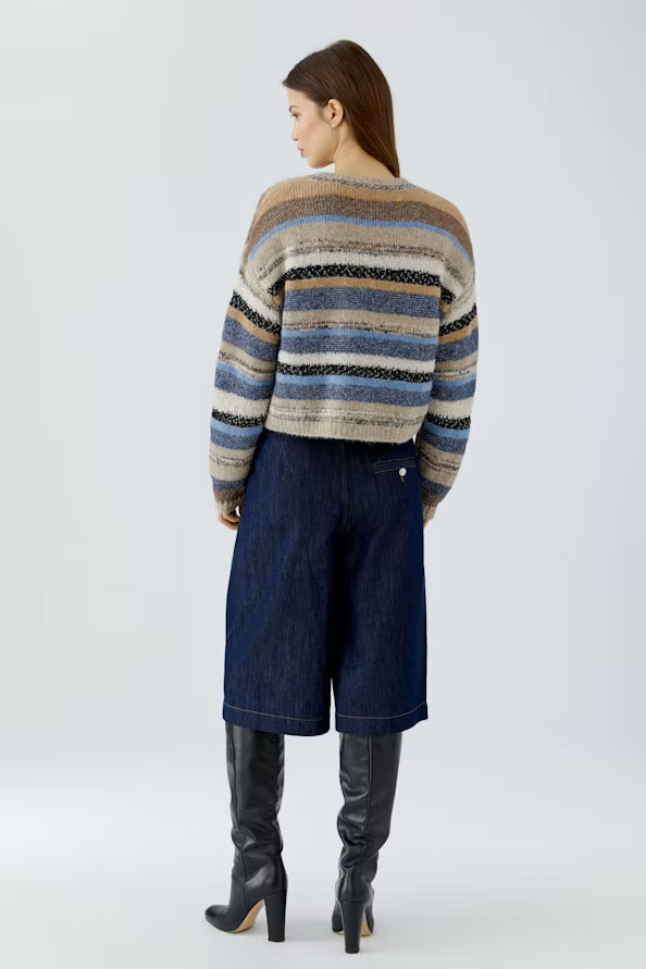 A model shown from the back wearing a fuzzy striped knit sweater with blue, beige, and brown tones, paired with dark blue wide-leg denim shorts and black knee-high boots, against a light gray studio background.