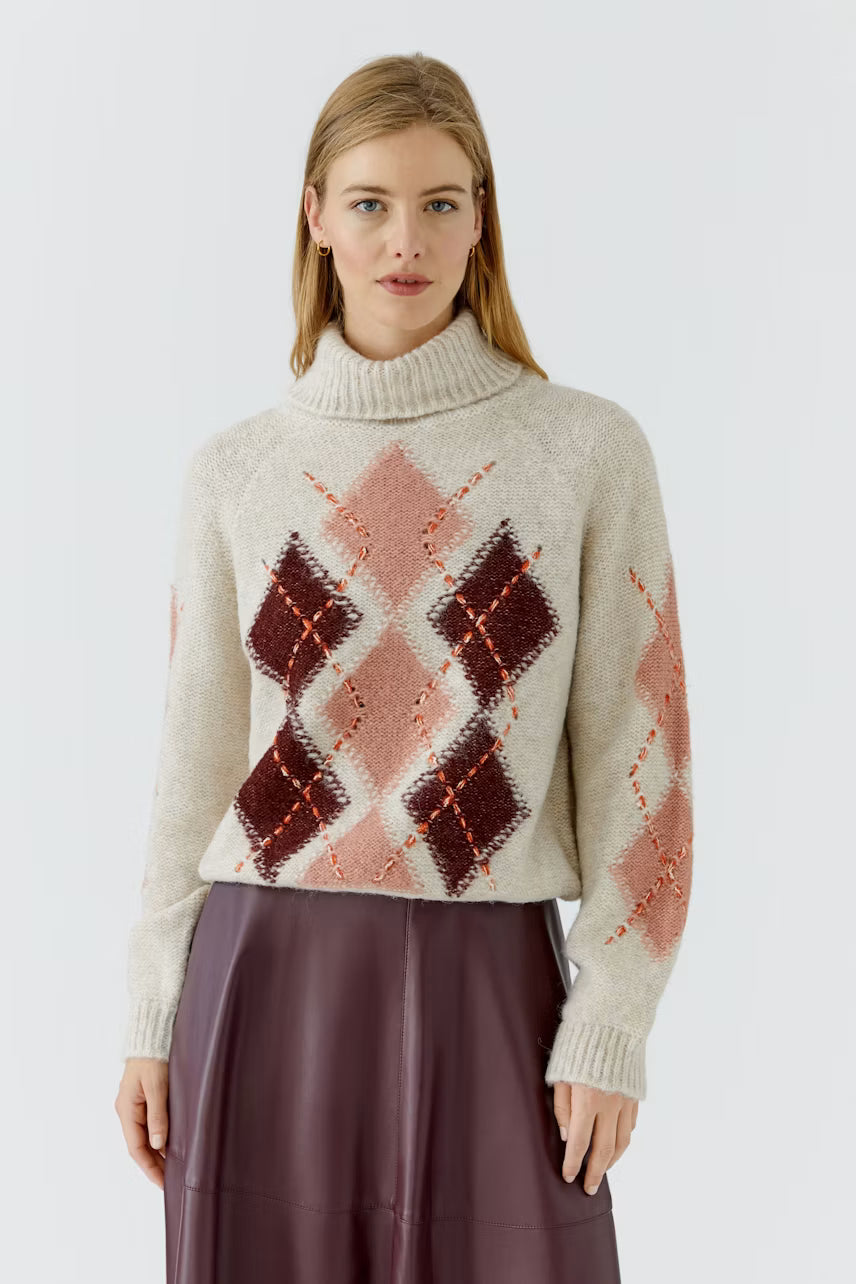 Cream & Burgundy Argyle Roll Neck Jumper