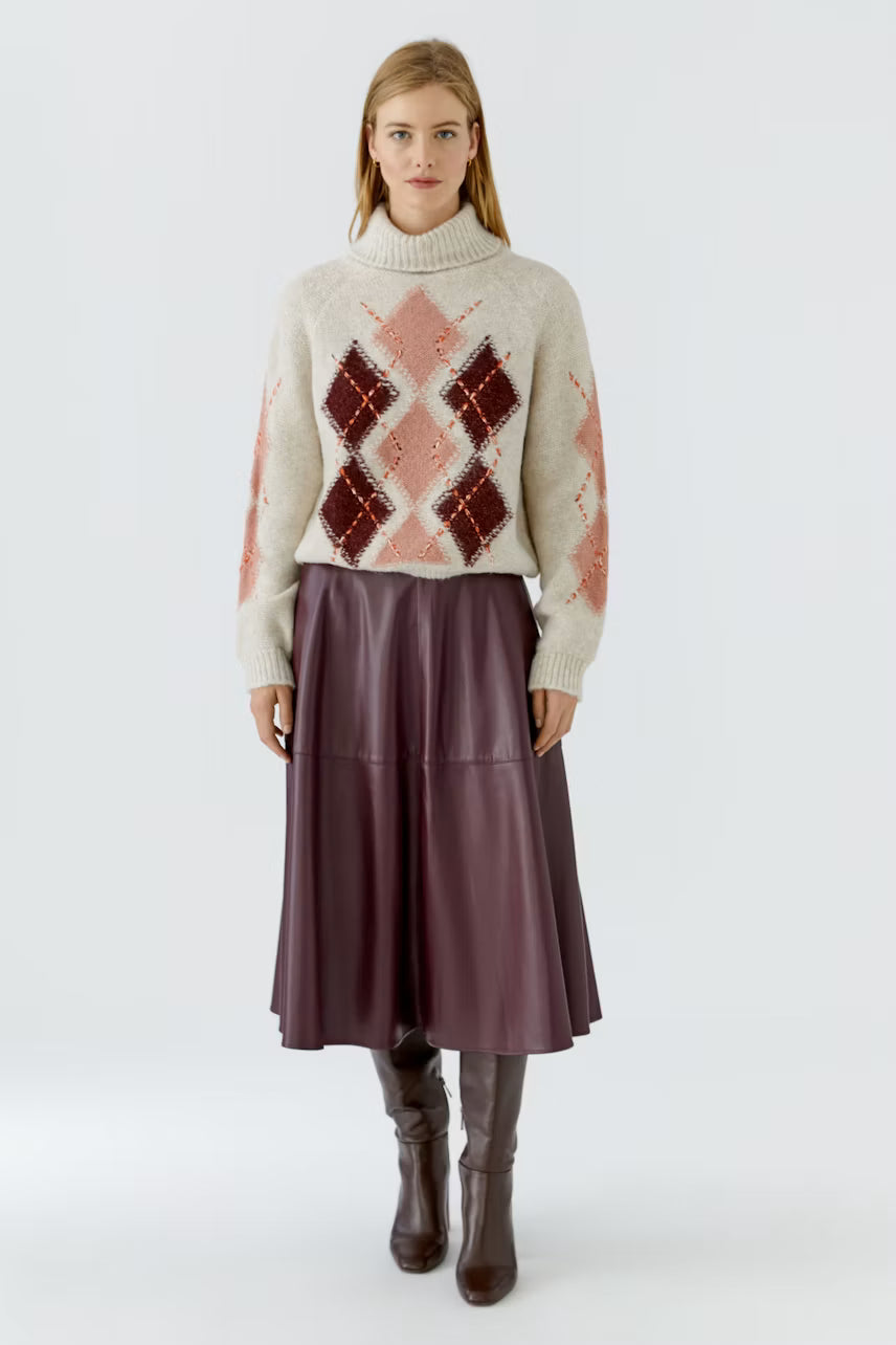 Cream & Burgundy Argyle Roll Neck Jumper