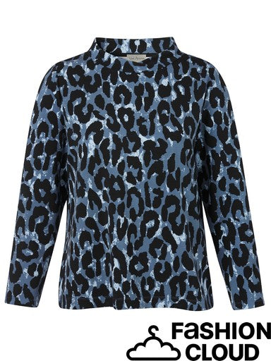 A women's long-sleeve blouse with a high mock neck, featuring an all-over leopard print pattern in shades of blue, black, and white. The image is presented on a plain white background with a 'FASHION CLOUD' watermark logo at the bottom right.