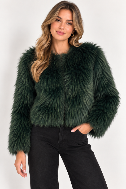 Oui Dark Green Faux Fur Jacket – Forest Green