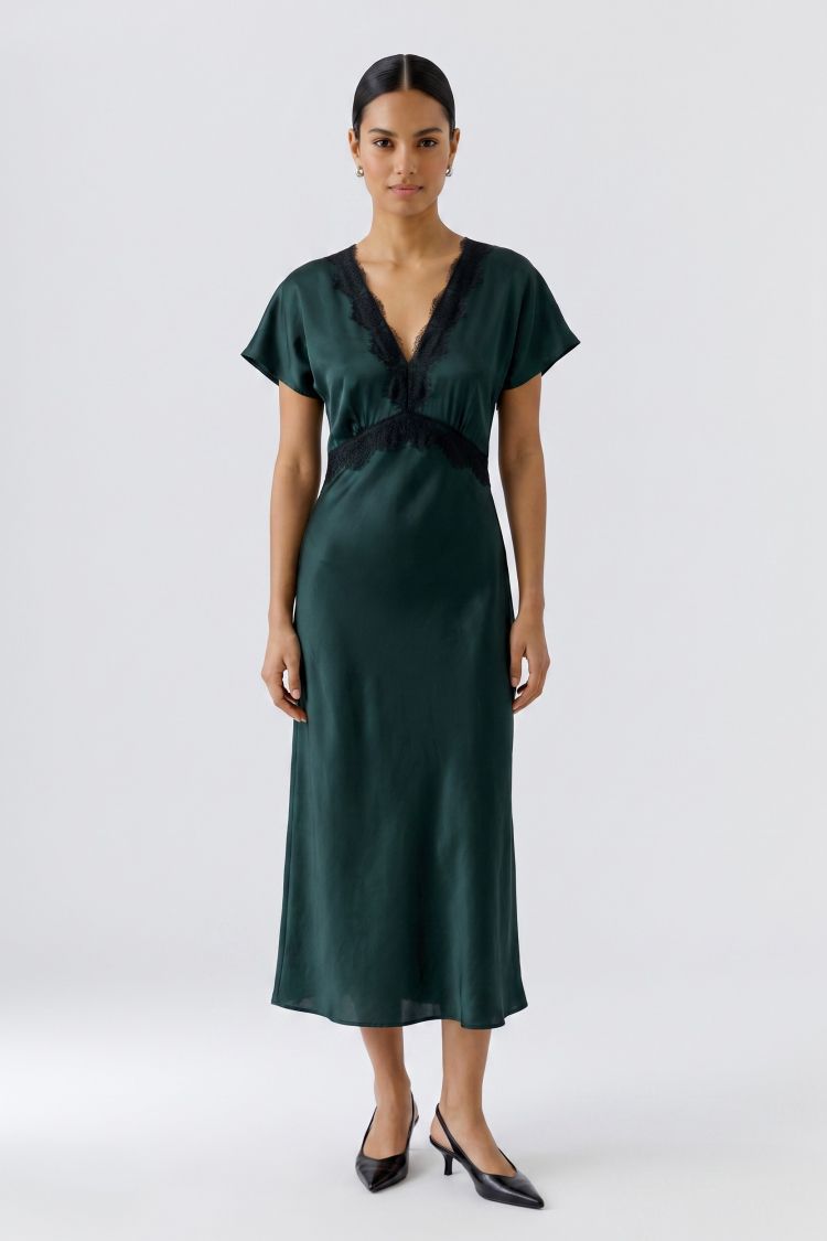 Oui Emerald Green Satin-Finish Midi Dress