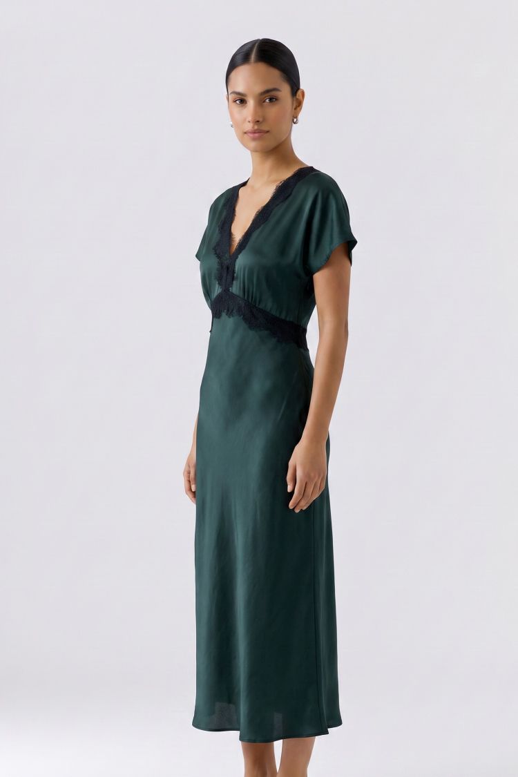 Oui Emerald Green Satin-Finish Midi Dress