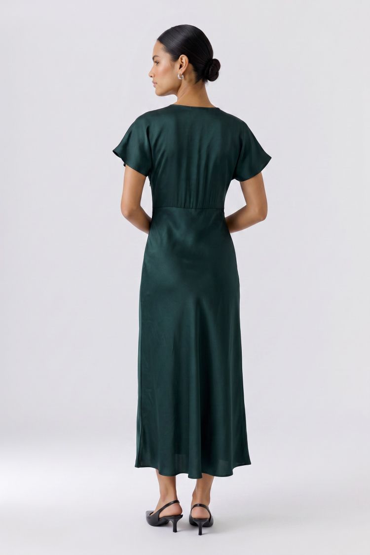 Oui Emerald Green Satin-Finish Midi Dress