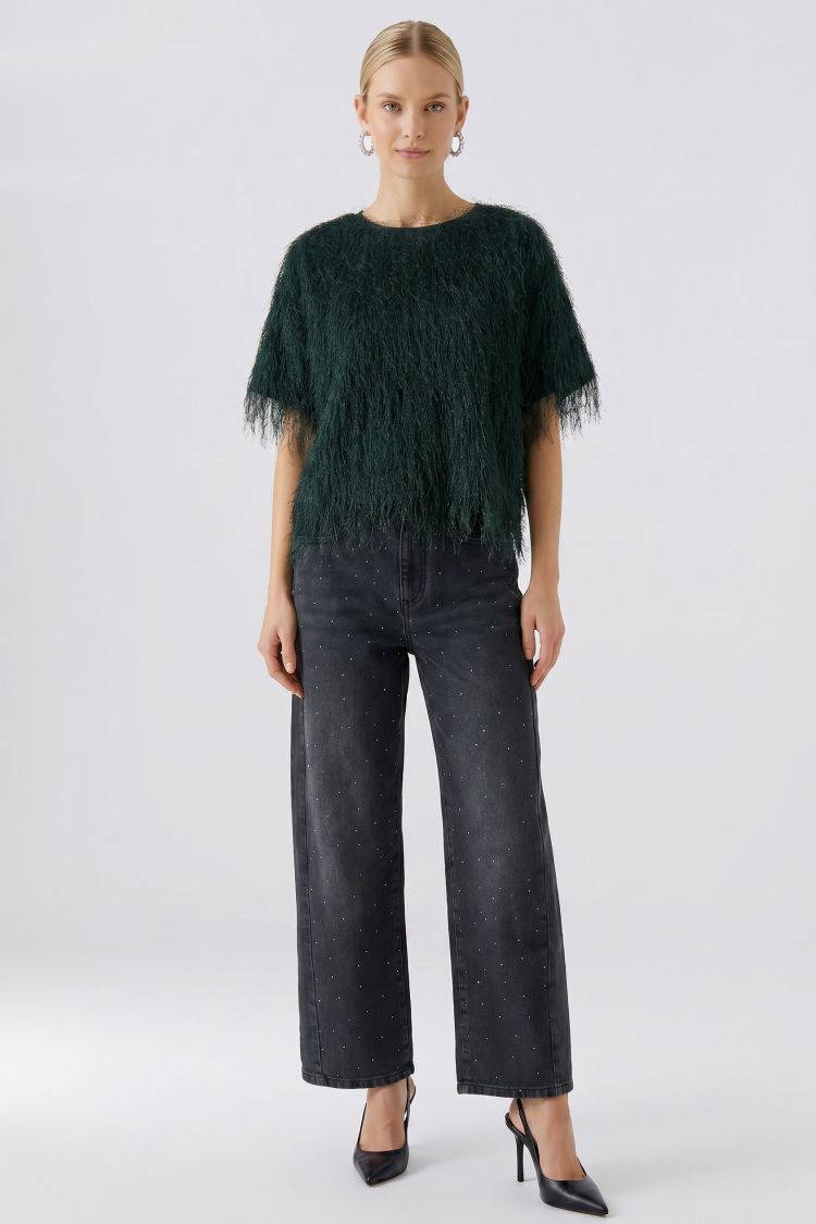 Oui Emerald Green Feathered Knit Top