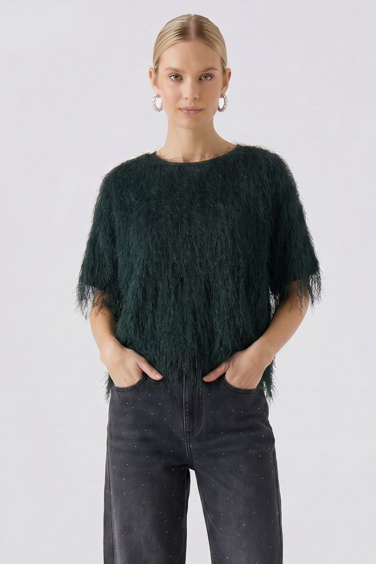 Oui Emerald Green Feathered Knit Top