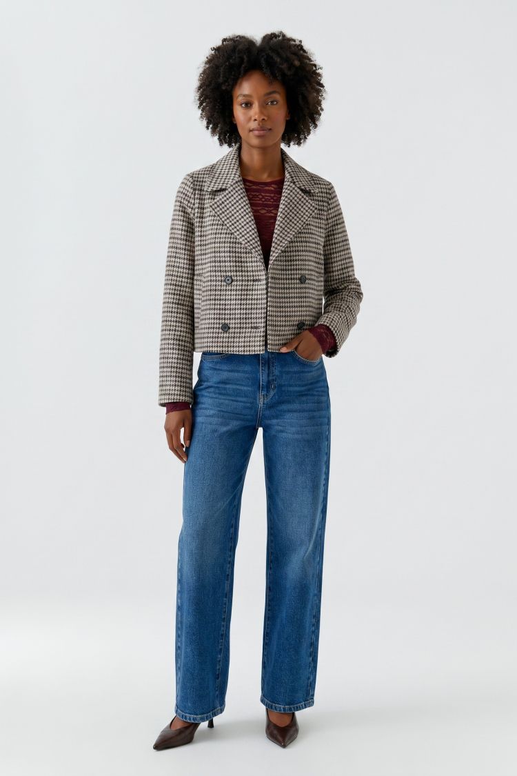 Oui Houndstooth Cropped Double-Breasted Blazer