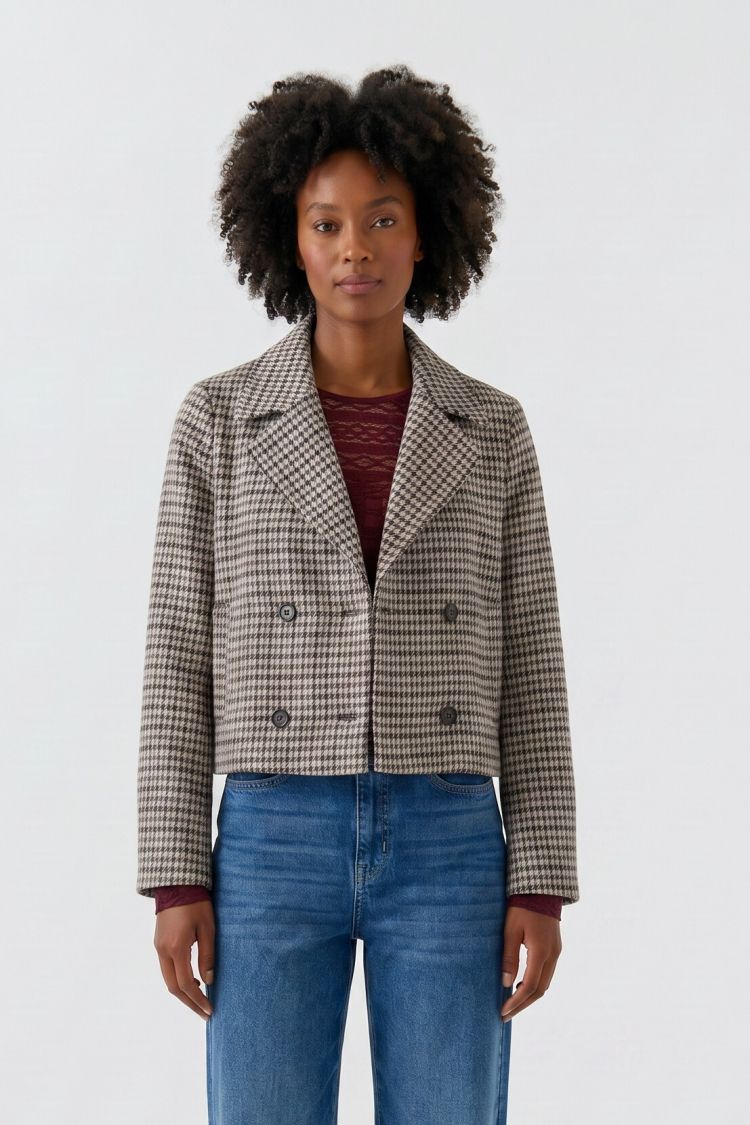 Oui Houndstooth Cropped Double-Breasted Blazer