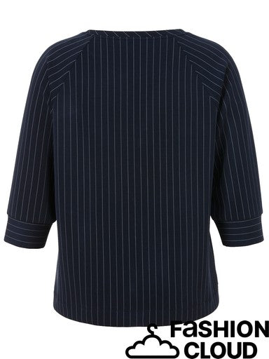 A navy blue three-quarter sleeve top with thin white vertical pinstripes, shown from the back against a white background. A 'FASHION CLOUD' watermark is visible in the bottom right corner.