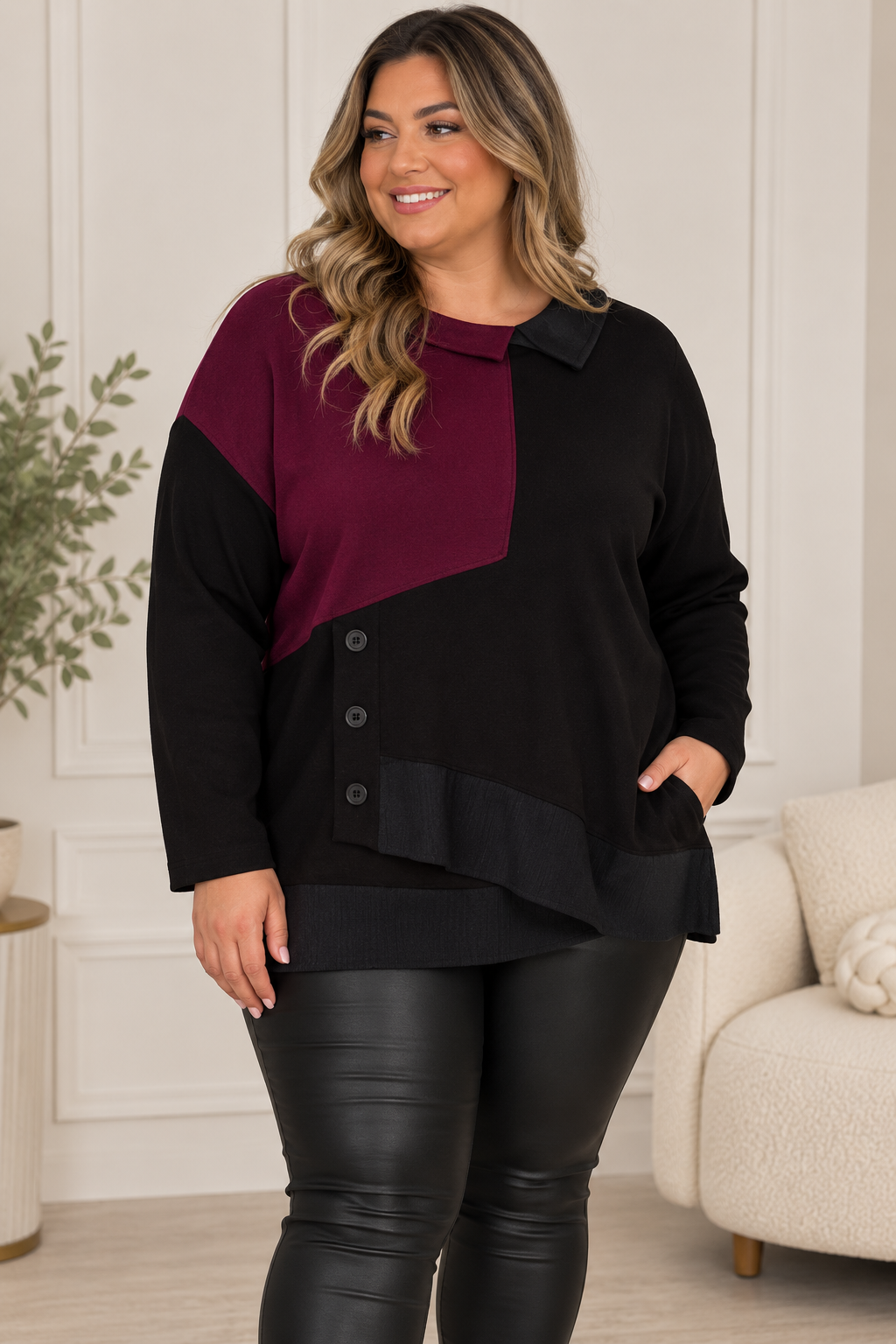 High-Neck Long-Sleeve Top in Black/Plum or Black/Beige
