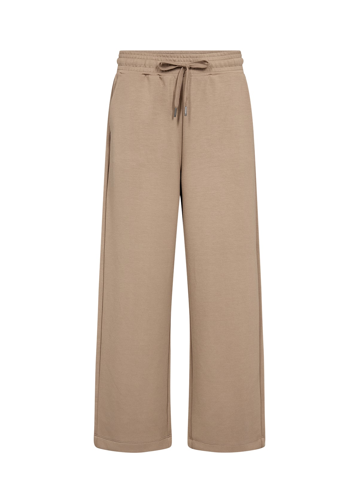 Beige wide-leg pants with a drawstring waist on a white background