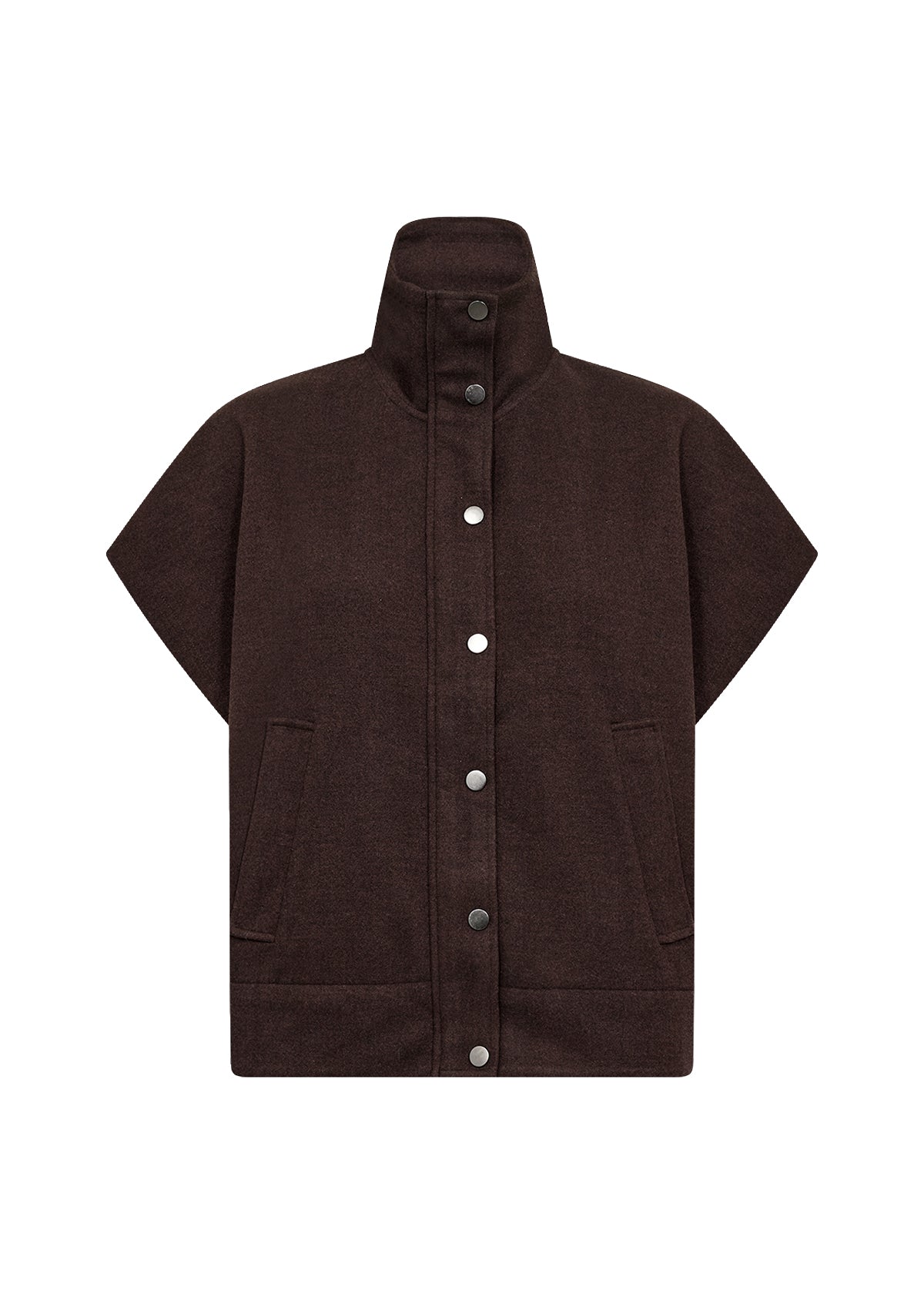 Brown poncho-style jacket with button details on a white background