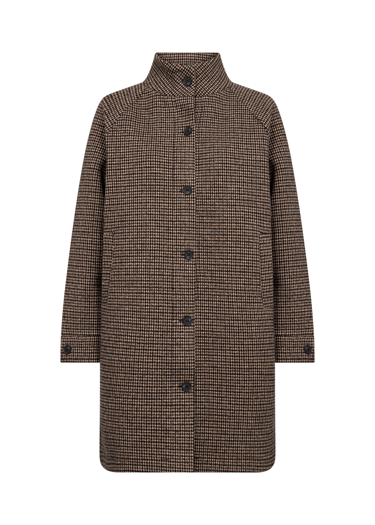 A brown and black houndstooth patterned coat with a high stand collar and front buttons, shown on a plain white background.