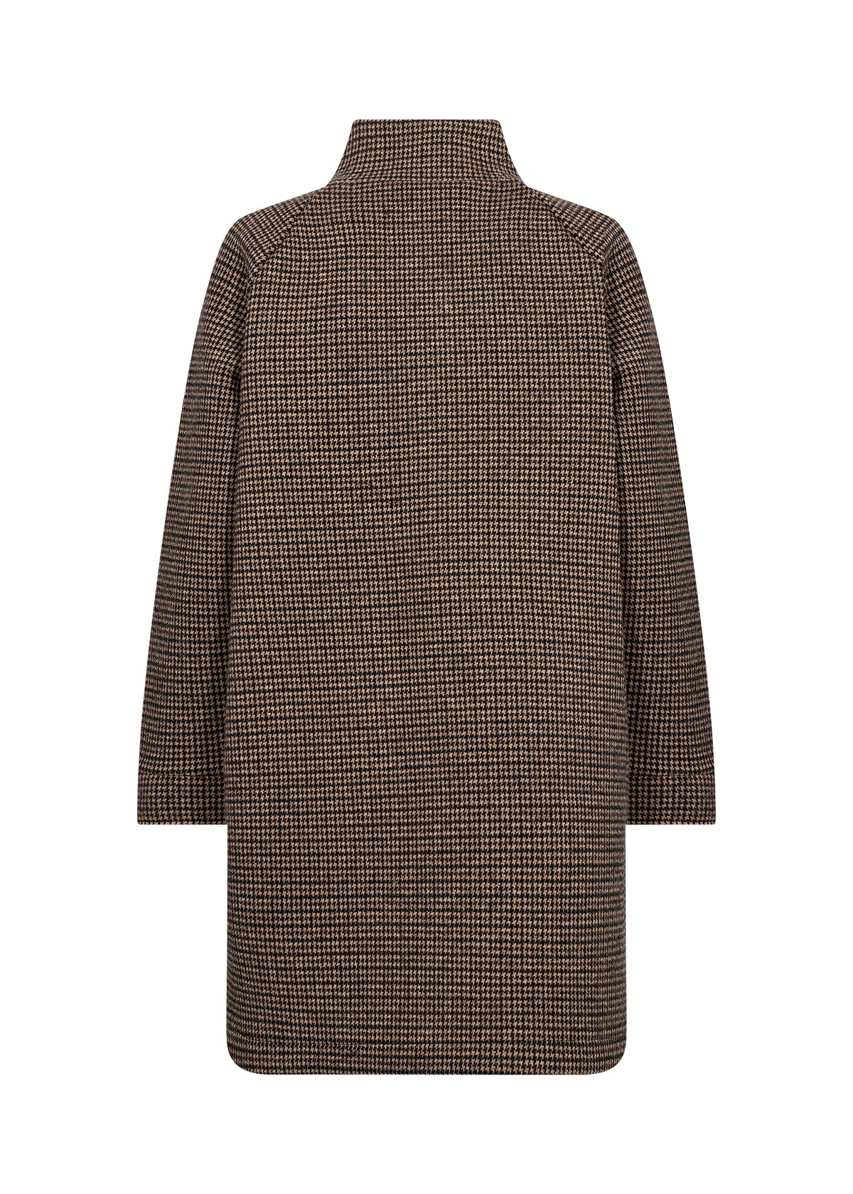 A brown and beige houndstooth patterned coat with a mock neck, shown from the back on a plain white background.