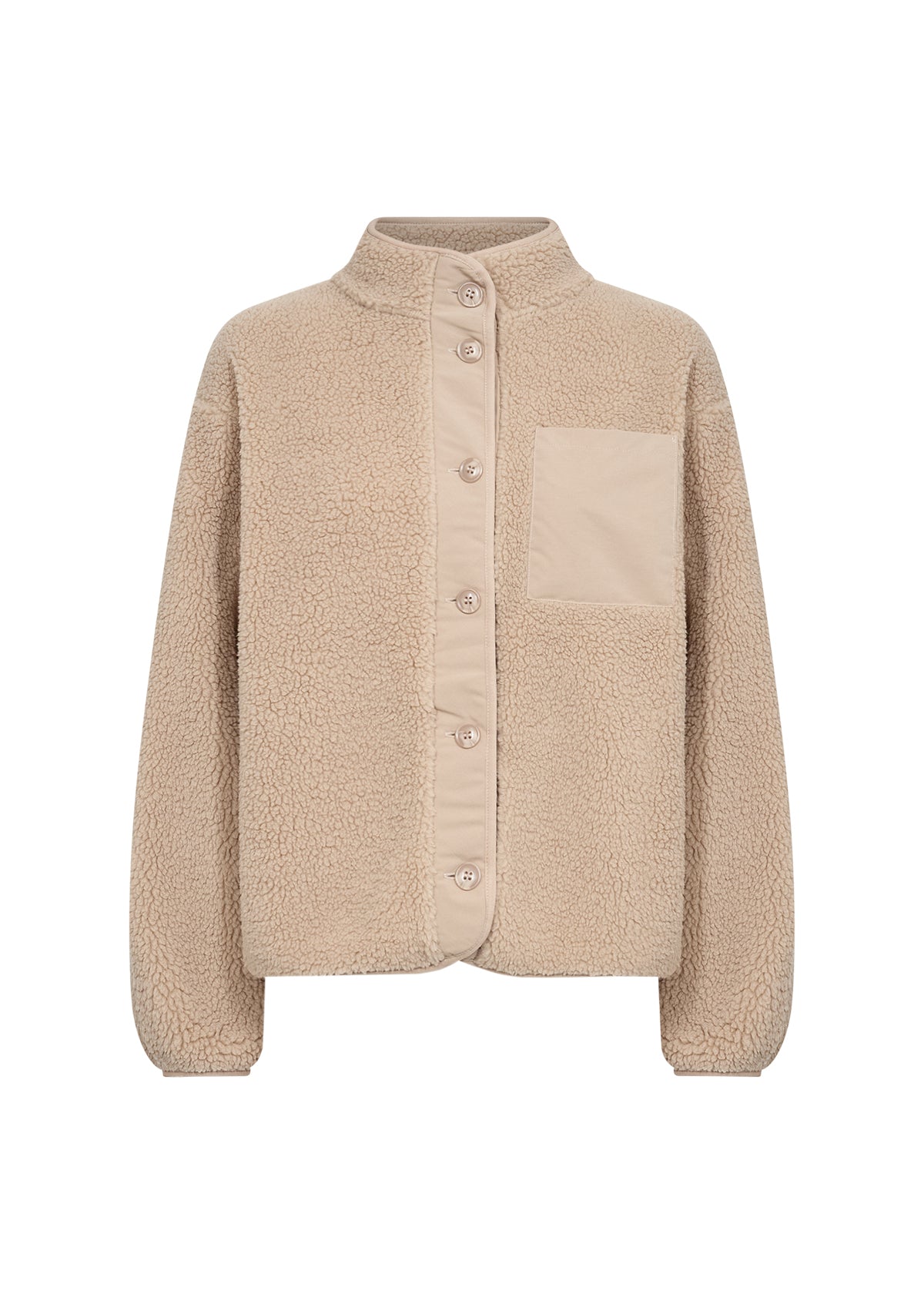 A beige sherpa fleece button-up cardigan with a stand-up collar, a vertical button placket, and a matching beige chest pocket, shown on a plain white background.