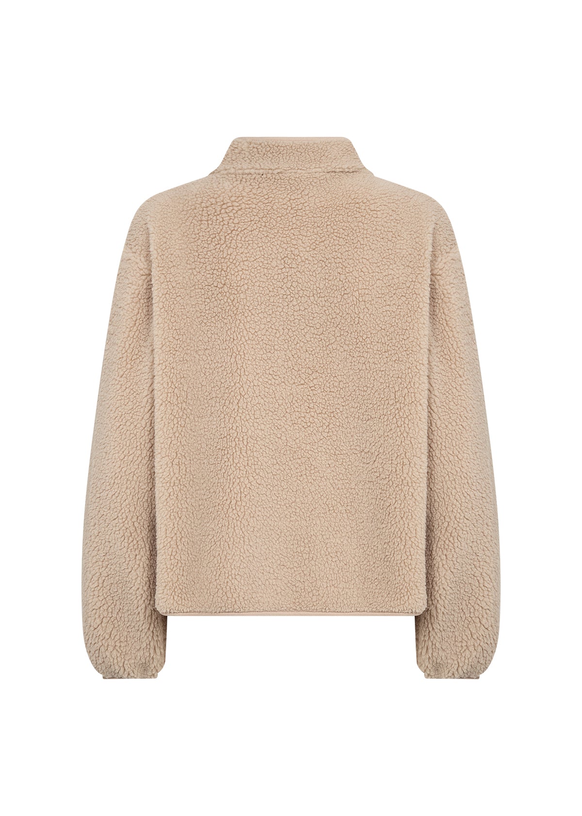 A beige sherpa fleece pullover jacket with a mock neck and long sleeves, shown from the back on a plain white background.