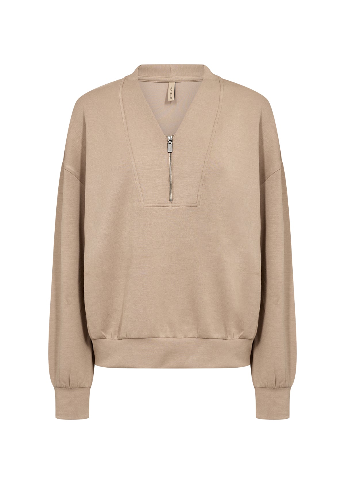 Beige sweatshirt with a zipper on a white background