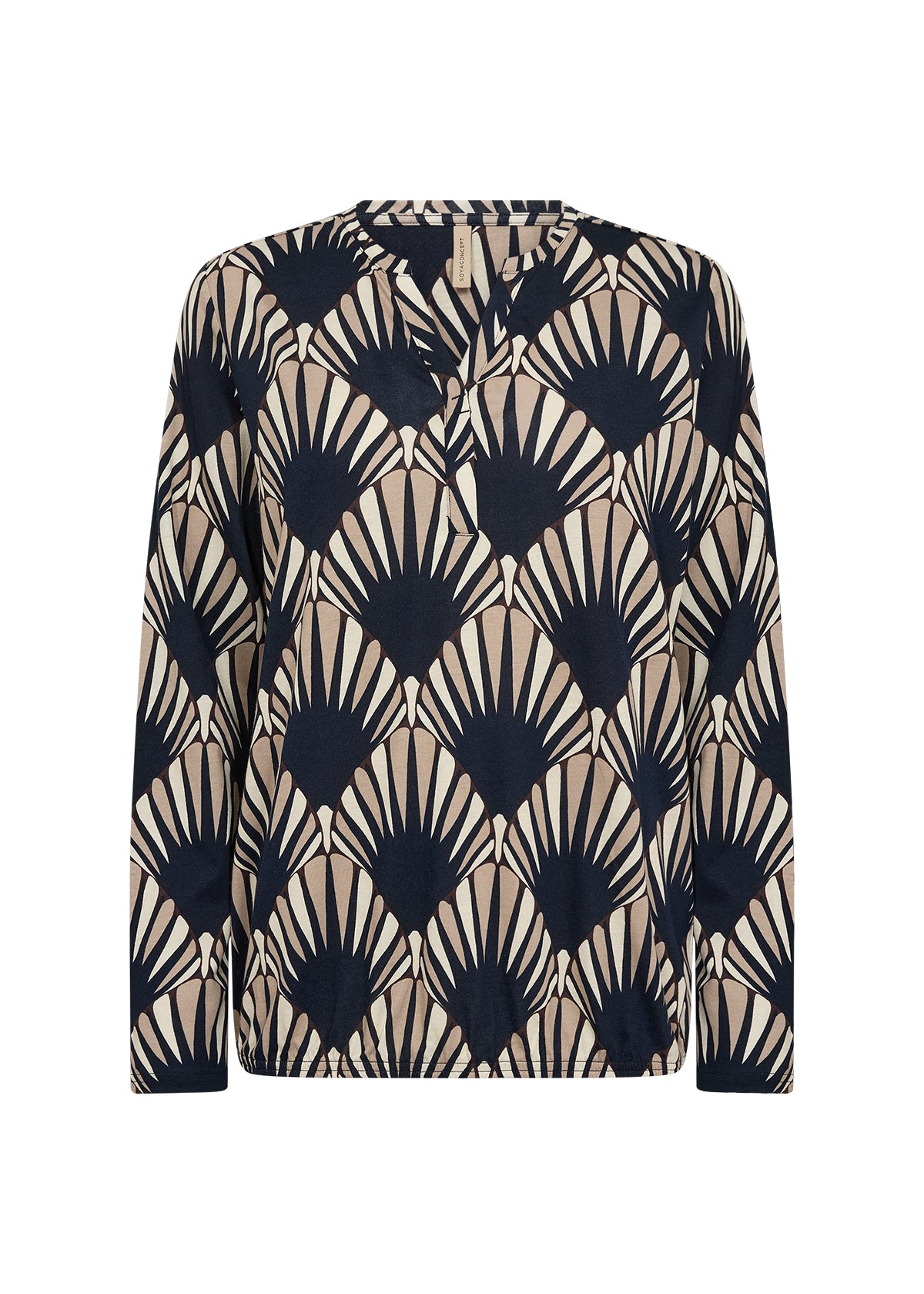 A long-sleeve blouse with a geometric art deco fan pattern in beige and navy blue, displayed on a clean white background.