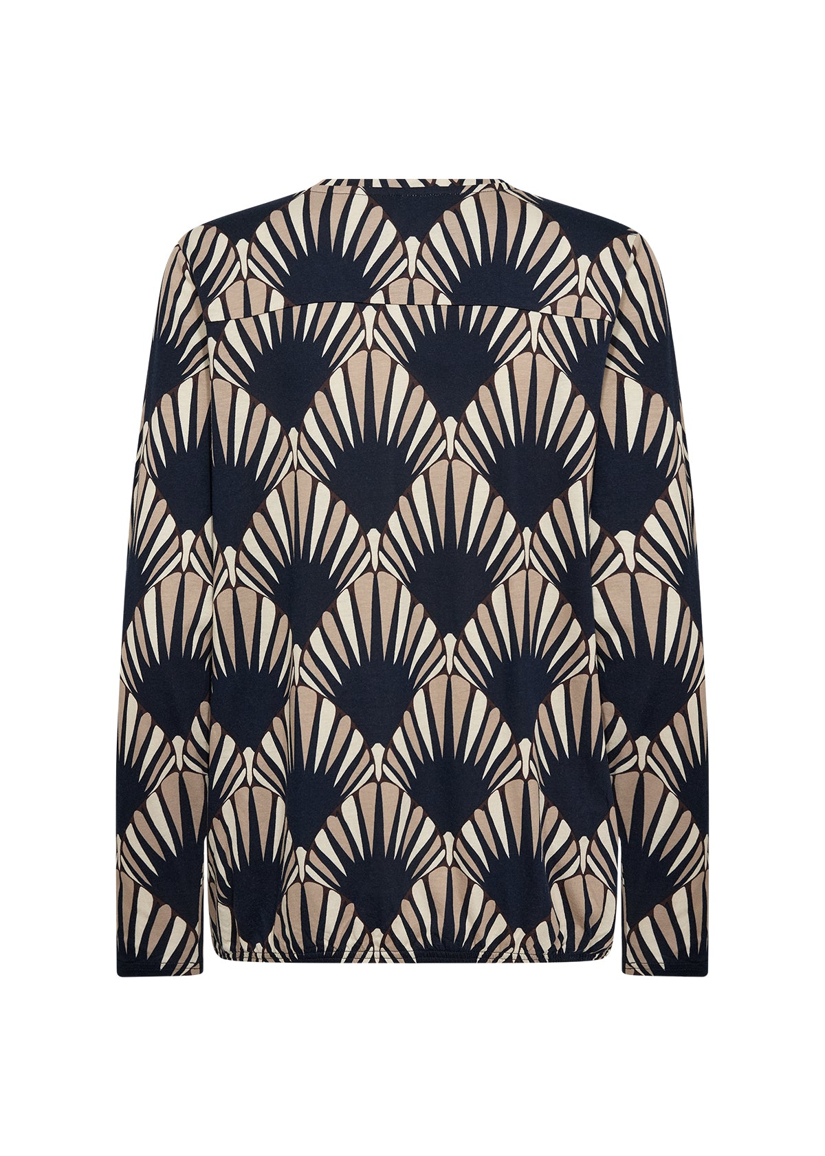 A long-sleeve collared shirt featuring an all-over Art Deco fan pattern in beige and navy blue, shown against a plain white background.