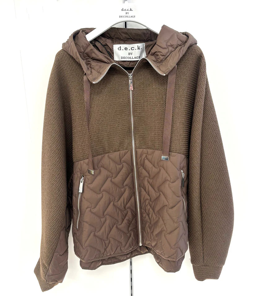 Brown quilted jacket with a hood on a white background