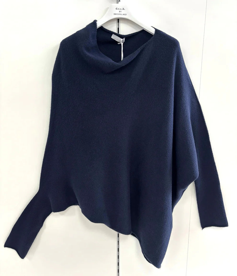 Navy blue poncho on a white hanger against a white background