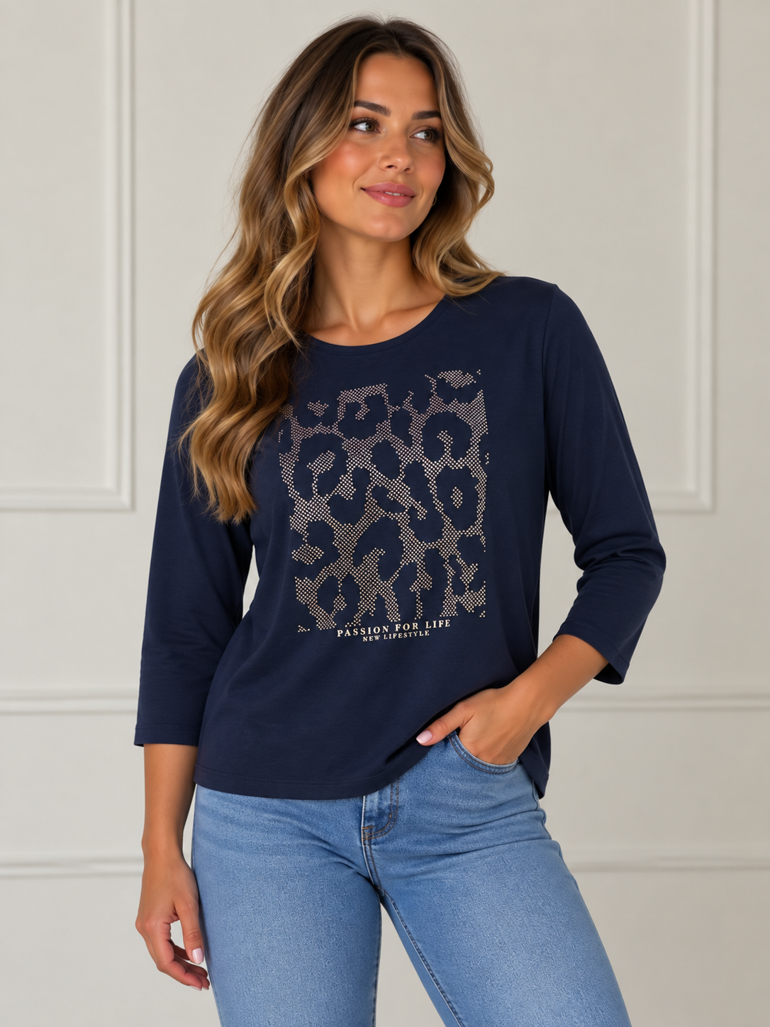 Navy Leopard Print Detail Top