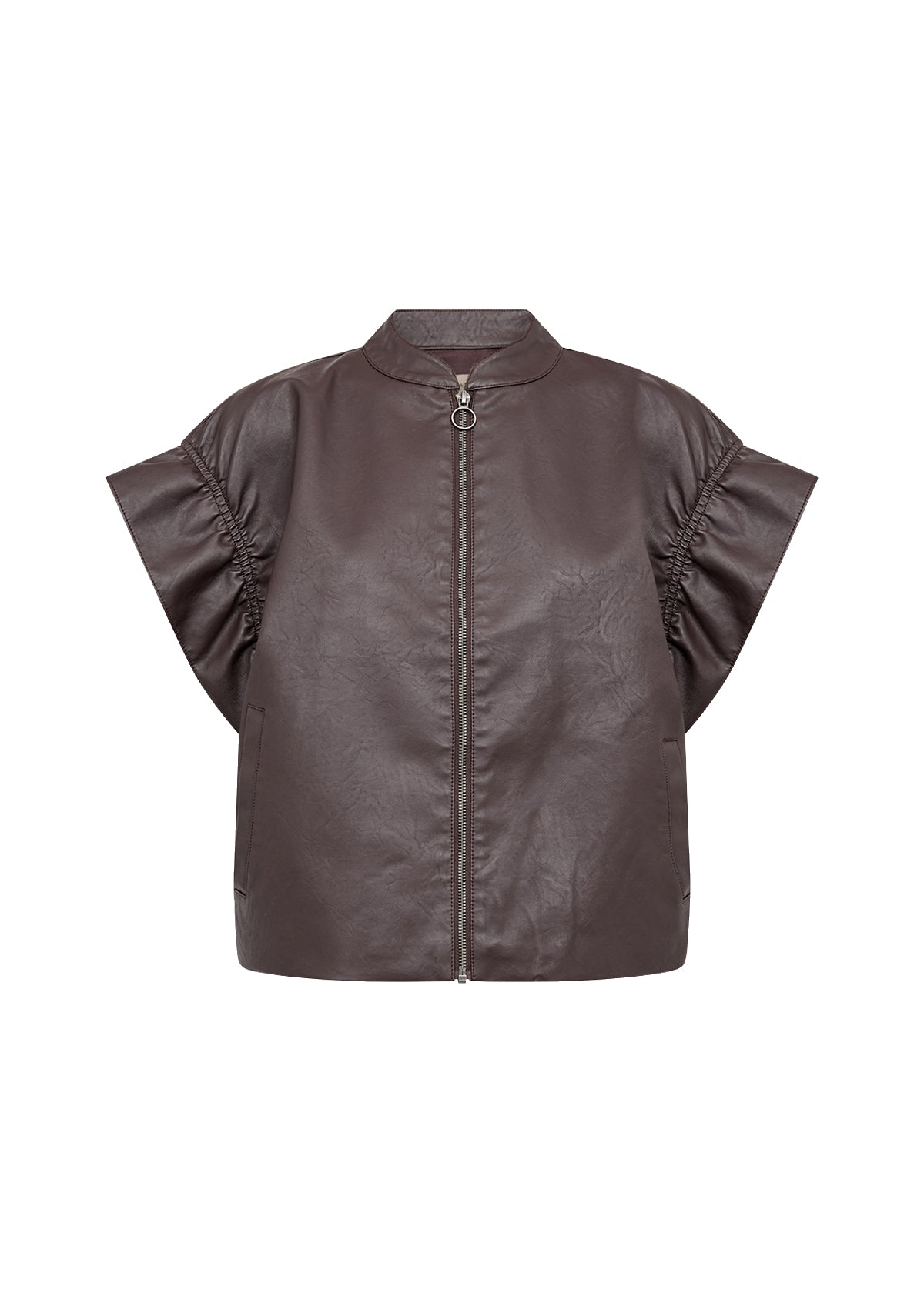 A dark brown faux-leather jacket with a stand collar, front zipper, and distinctive ruffled sleeve details, shown against a plain white background.