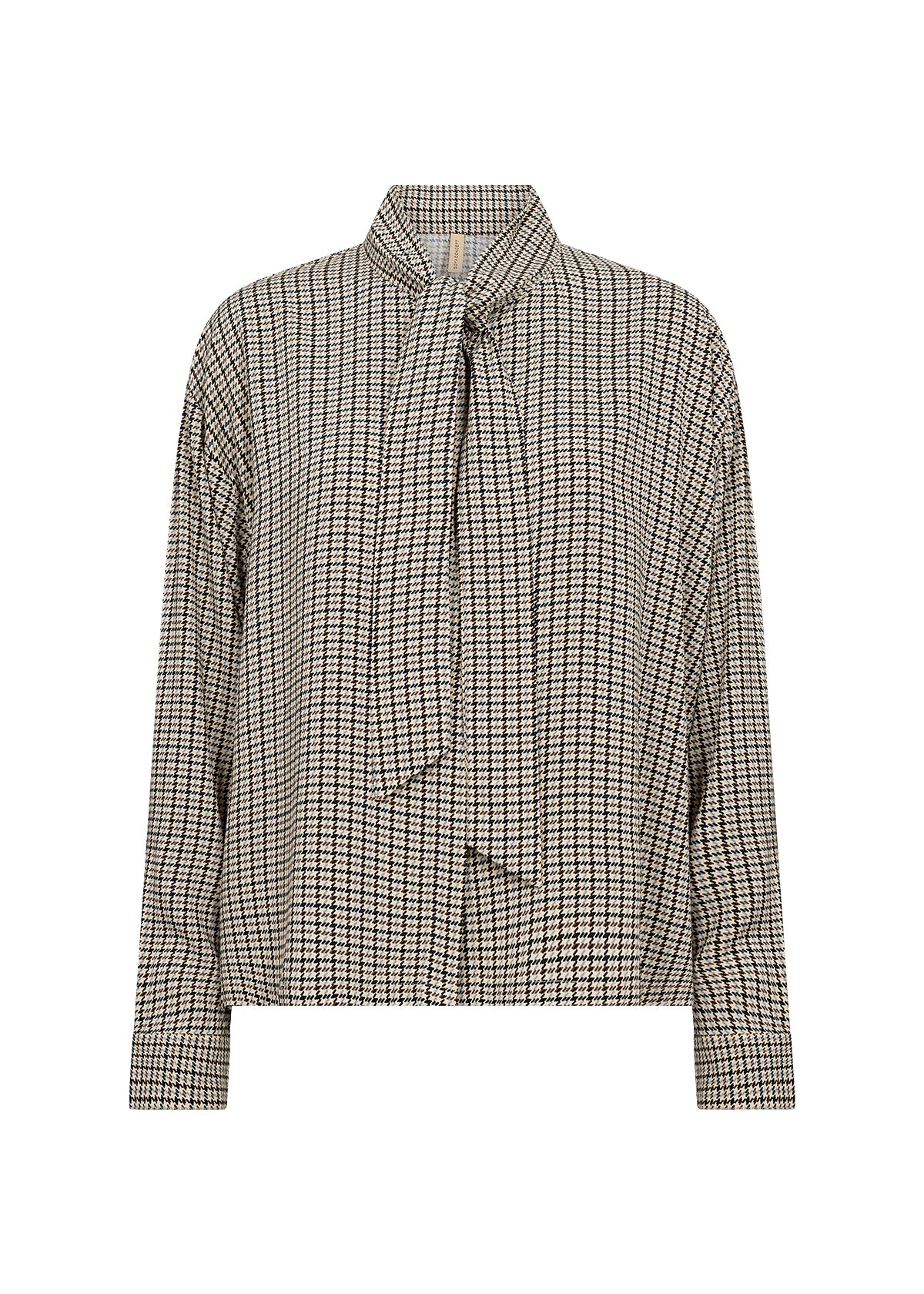 Checkered blouse with a tie neckline on a white background