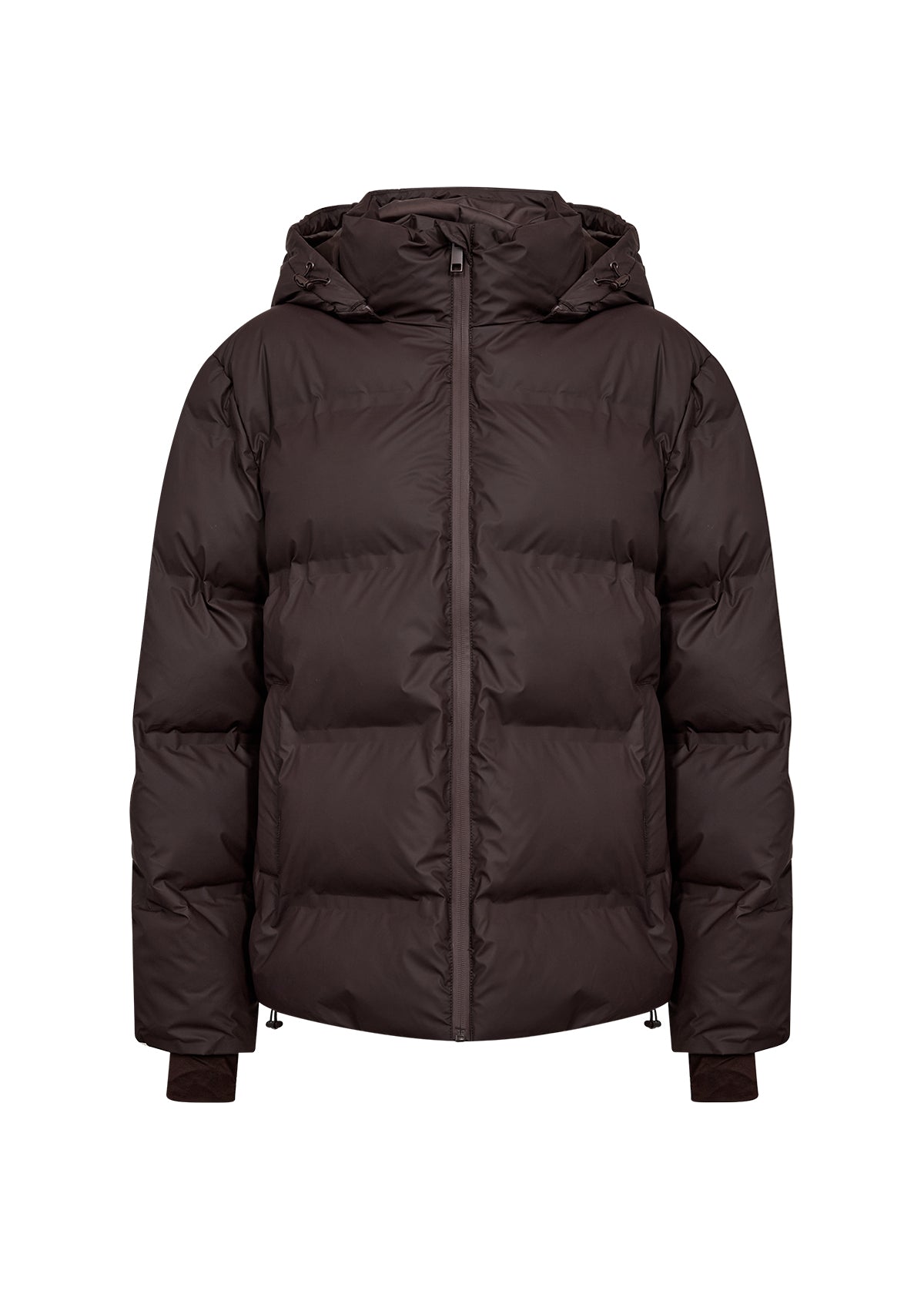 Dark brown puffer jacket on a white background