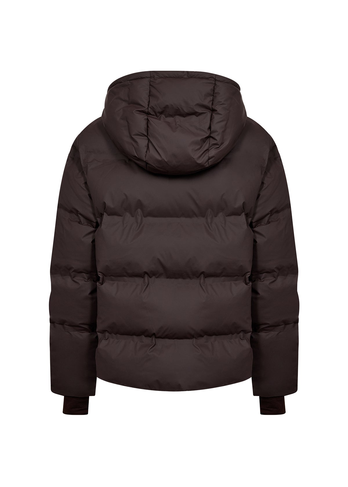 A dark brown puffer jacket with a hood, shown from the back on a plain white background.