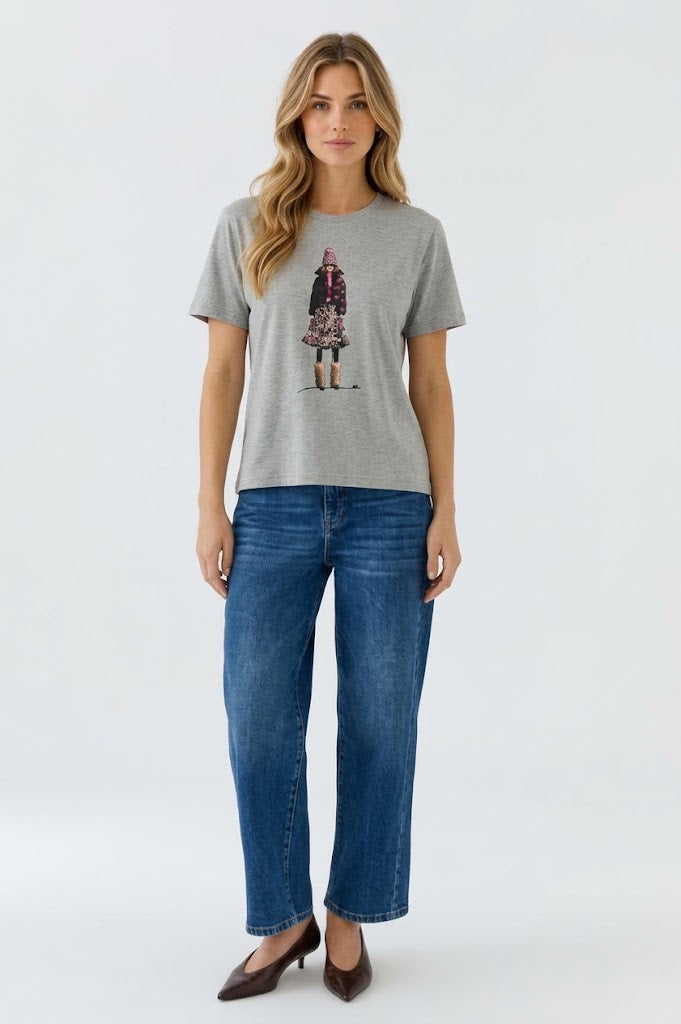 Oui Graphic Girl T-Shirt in Grey