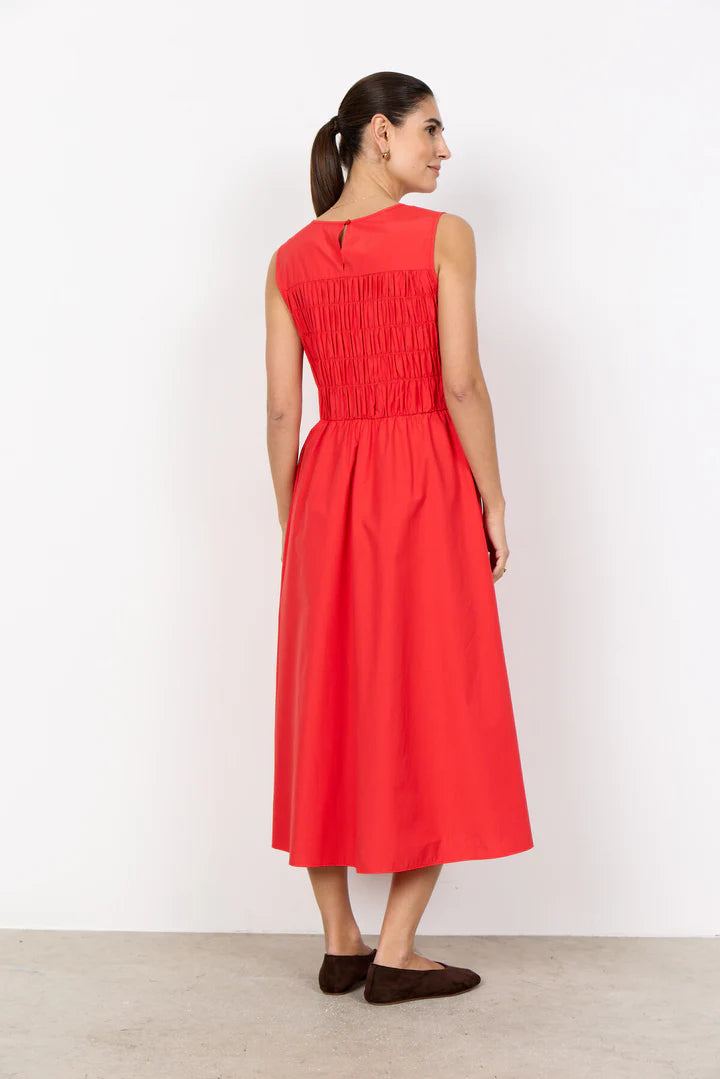 Red sleeveless Midi Dress with ruching