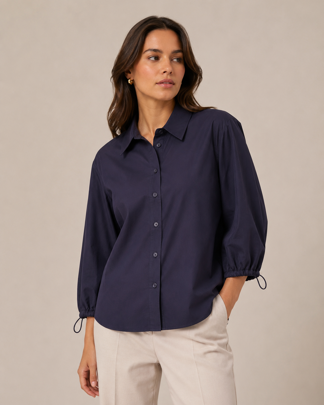 Navy Gathered Sleeve Shirt