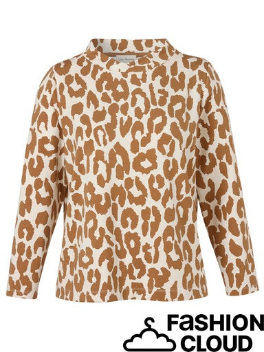 A women's long-sleeve top with a brown and beige leopard print pattern, shown against a plain white background with a 'FASHION CLOUD' watermark at the bottom right.