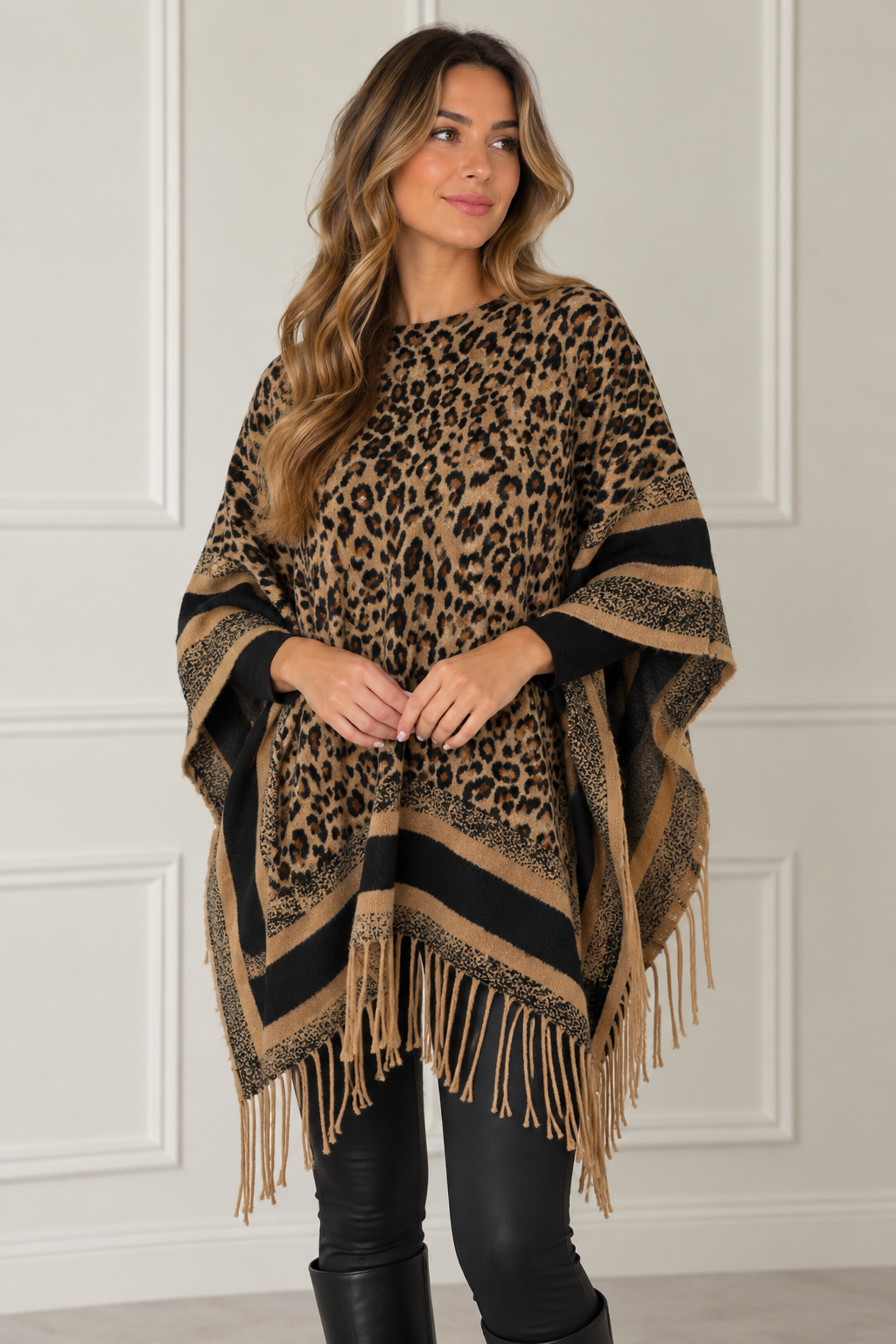 Oui Leopard Print Fringe Poncho