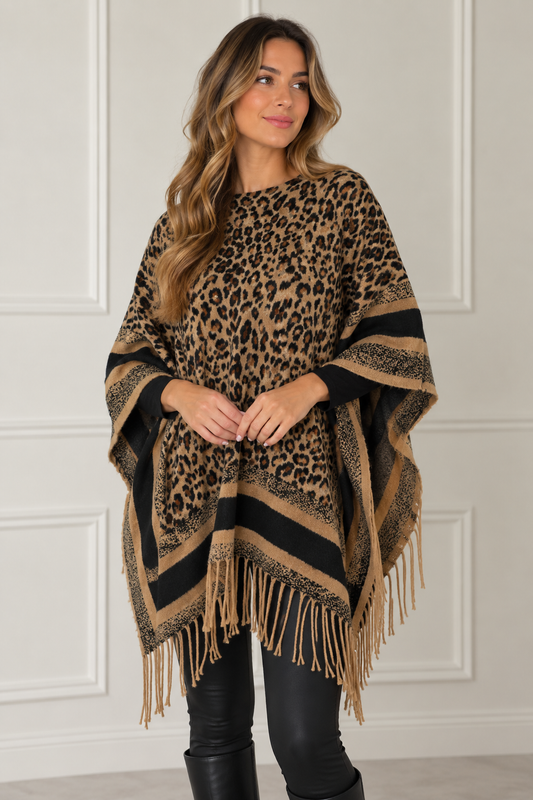 Oui Leopard Print Fringe Poncho