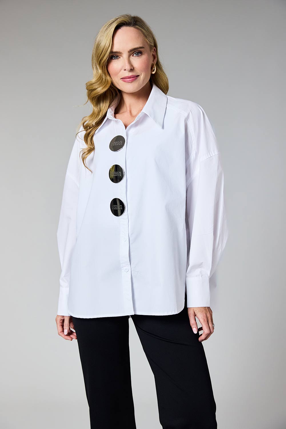 White Statement Button Oversized Shirt