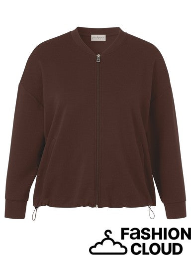 A dark brown zip-up jacket with a v-neck collar, long sleeves, and drawstring hem, shown against a plain white background with a 'FASHION CLOUD' watermark at the bottom.