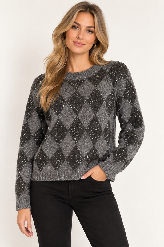 Oui Sparkle Argyle Jumper – Grey & Black